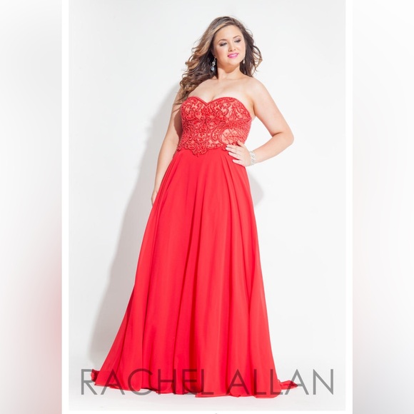 Rachel Allen Strapless Red Chiffon Gown with Beaded Bodice Size 18W